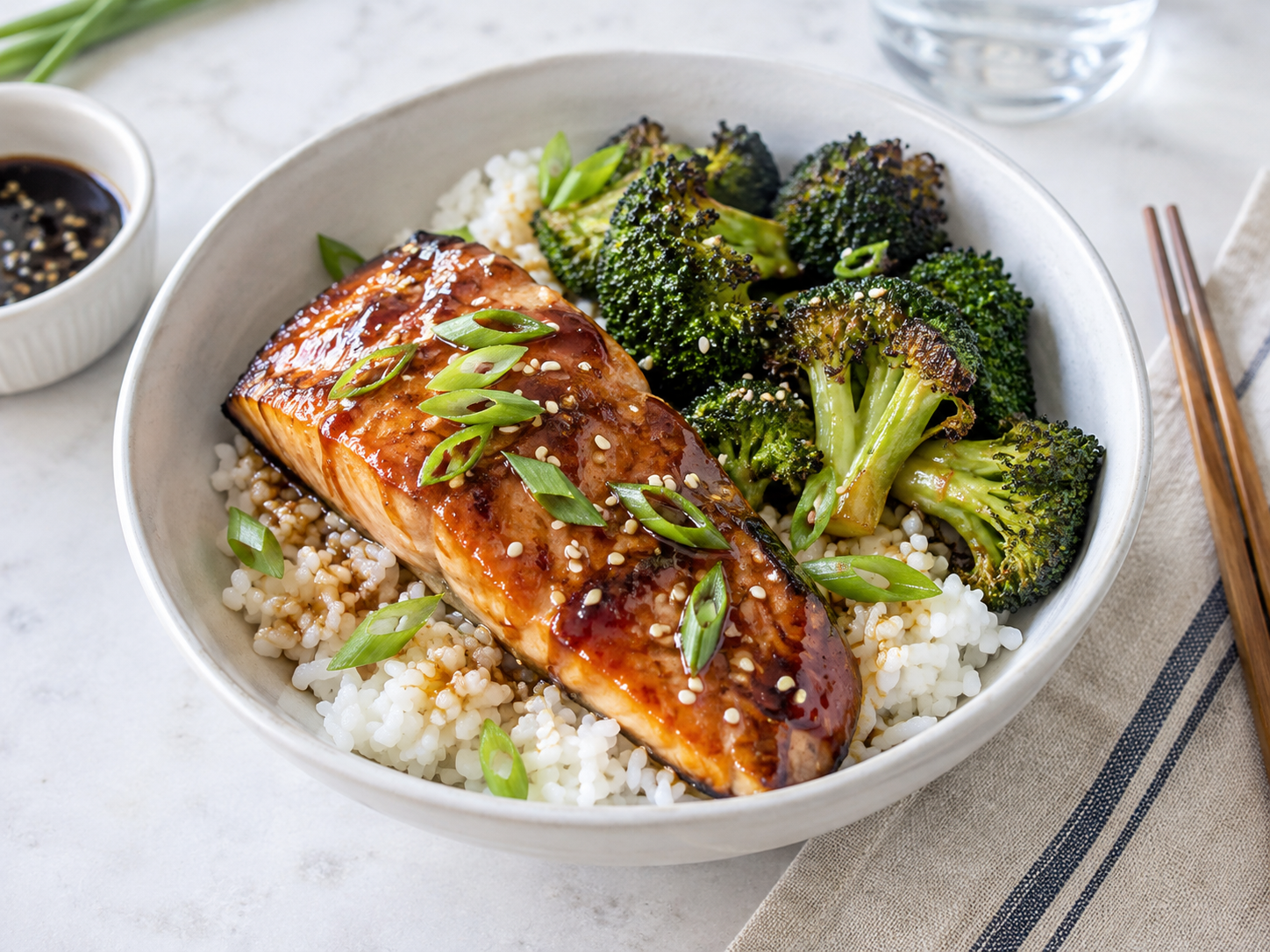 Honey Soy Salmon Rice Bowls with Broccoli