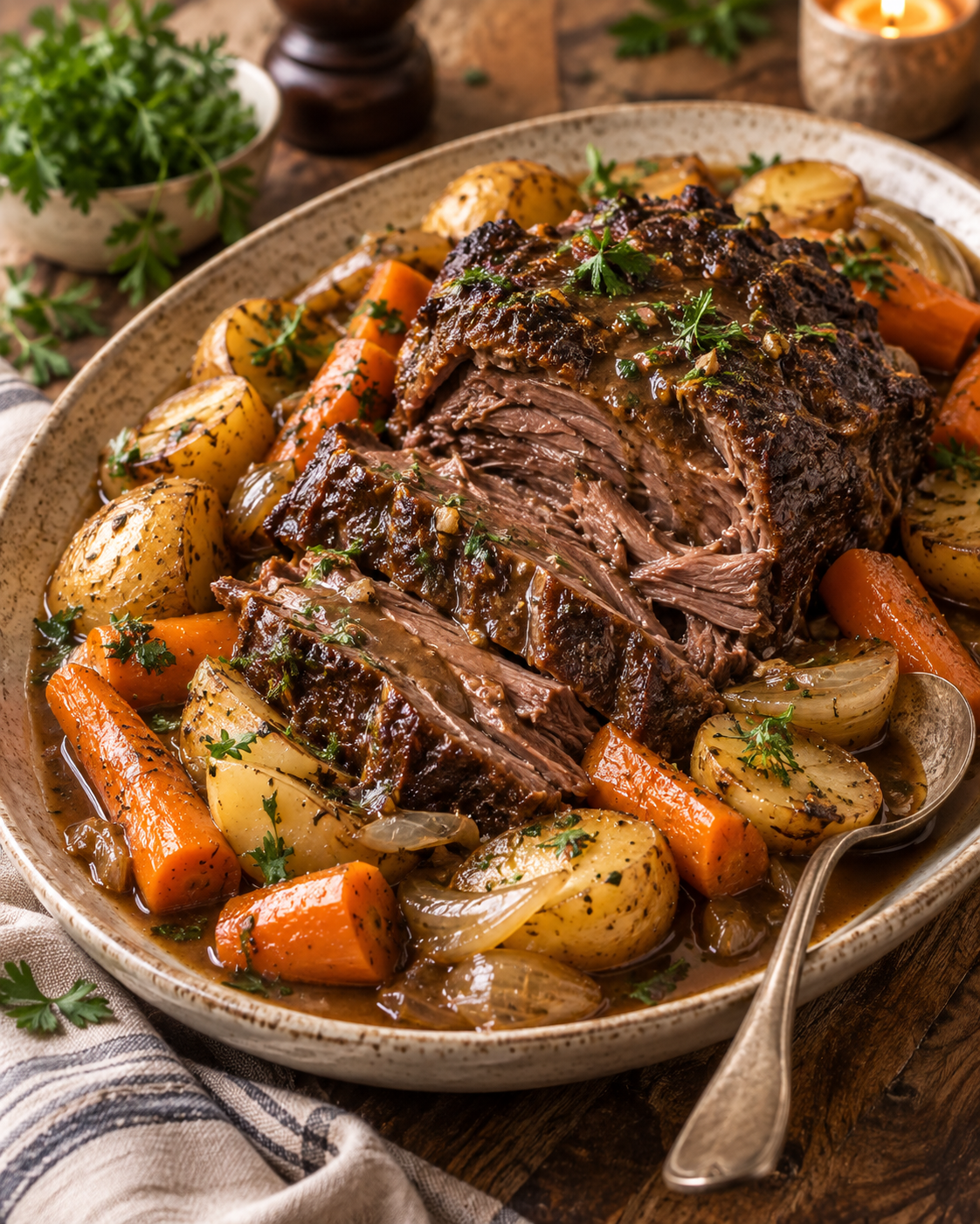 Slow Cooker Garlic Herb Pot Roast with Potatoes & Carrots