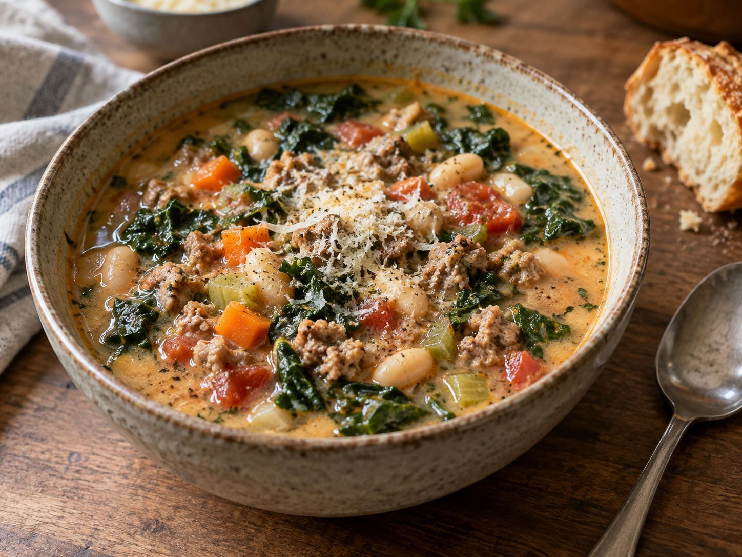 Slow Cooker Creamy Tuscan Sausage and White Bean Soup
